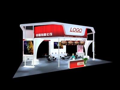 135平米展臺設計制作：四面開口/現(xiàn)代/木質結構/紅色，為電子展展商而作（免費使用）