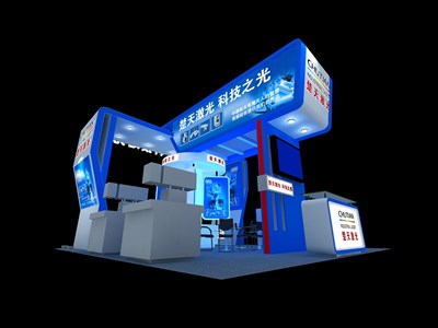 36平米展臺設(shè)計制作：四面開口/前衛(wèi)/木質(zhì)結(jié)構(gòu)/藍(lán)色，為電子展展商而作（免費(fèi)使用）