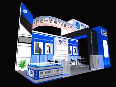 18平米展臺設(shè)計制作：三面開口/現(xiàn)代/木質(zhì)結(jié)構(gòu)/藍(lán)色，為電子展展商而作（免費(fèi)使用）