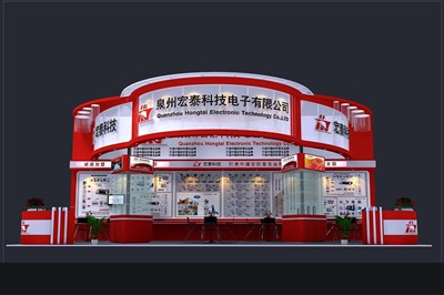 72平米展臺(tái)設(shè)計(jì)制作：四面開口/現(xiàn)代/木質(zhì)結(jié)構(gòu)/紅色，為電子展展商而作（免費(fèi)使用）