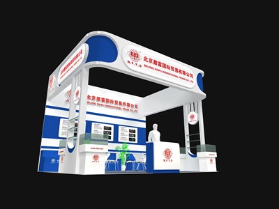30平米展臺設(shè)計制作：三面開口/現(xiàn)代/木質(zhì)結(jié)構(gòu)/藍(lán)色，為電子展展商而作（免費使用）