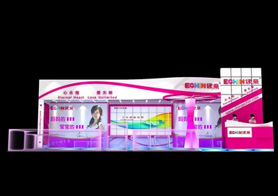 72平米展臺設計制作：一面開口/現(xiàn)代/木質結構/紫色，為嬰幼展展商而作（免費使用）