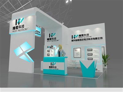 36平米展臺(tái)設(shè)計(jì)制作：三面開口/現(xiàn)代/木質(zhì)結(jié)構(gòu)/藍(lán)色，為電子展展商而作（免費(fèi)使用）