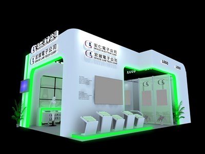 54平米展臺設(shè)計(jì)制作：二面開口/現(xiàn)代/木質(zhì)結(jié)構(gòu)/綠色，為電子展展商而作（免費(fèi)使用）