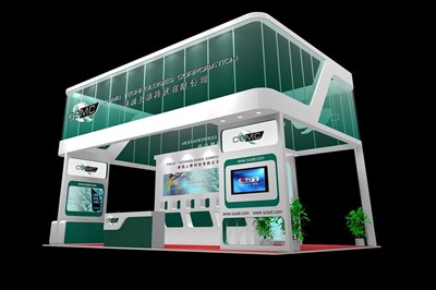 54平米展臺設計制作：四面開口/現(xiàn)代/型材結構/綠色，為電子展展商而作（免費使用）