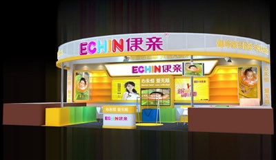 72平米展臺設(shè)計制作：一面開口/現(xiàn)代/木質(zhì)結(jié)構(gòu)/黃色，為嬰幼展展商而作（免費使用）
