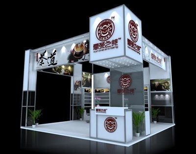 36平米展臺設(shè)計(jì)制作：三面開口/現(xiàn)代/木質(zhì)結(jié)構(gòu)/白色，為茶博會(huì)展商而作（免費(fèi)使用）