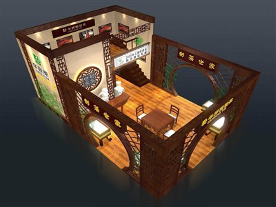 54平米展臺設(shè)計(jì)制作：三面開口/中式/雙層結(jié)構(gòu)/咖啡色，為茶博會(huì)展商而作（免費(fèi)使用）