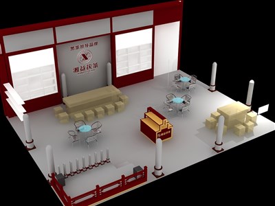 108平米展臺設(shè)計(jì)制作：三面開口/中式/木質(zhì)結(jié)構(gòu)/咖啡色，為茶博會(huì)展商而作（免費(fèi)使用）