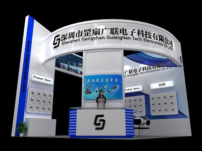 36平米展臺設(shè)計制作：三面開口/前衛(wèi)/木質(zhì)結(jié)構(gòu)/藍(lán)色，為電子展展商而作（免費使用）