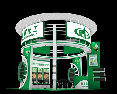 36平米展臺(tái)設(shè)計(jì)制作：四面開(kāi)口/現(xiàn)代/木質(zhì)結(jié)構(gòu)/綠色，為化工展展商而作（免費(fèi)使用）