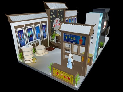72平米展臺設(shè)計制作：三面開口/中式/木質(zhì)結(jié)構(gòu)/灰色，為糖酒展展商而作（免費使用）
