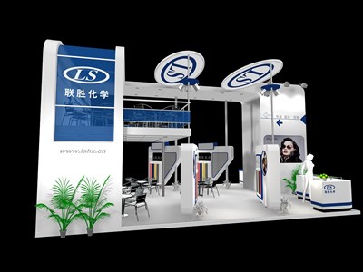 63平米展臺設(shè)計(jì)制作：三面開口/現(xiàn)代/木質(zhì)結(jié)構(gòu)/白色，為化工展展商而作（免費(fèi)使用）