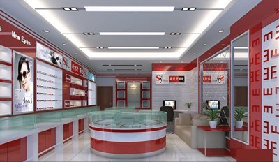 50平米展廳設計制作：現(xiàn)代/紅色，產(chǎn)品類展廳-眼鏡店（免費使用）