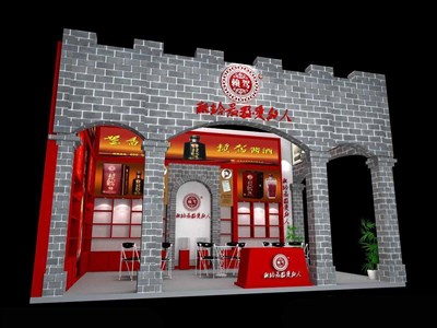 40平米展臺設(shè)計制作：二面開口/中式/木質(zhì)結(jié)構(gòu)/灰色，為糖酒展展商而作（免費使用）