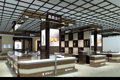152平米展廳設(shè)計制作：現(xiàn)代/咖啡色，產(chǎn)品類展廳-鑫鑫金行珠寶展廳（免費(fèi)使用）