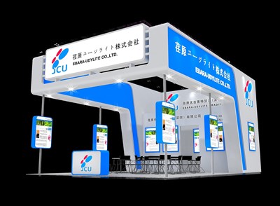 54平米展臺設(shè)計制作：三面開口/現(xiàn)代/木質(zhì)結(jié)構(gòu)/藍(lán)色，為綜合展展商而作（免費使用）