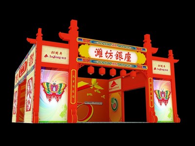 100平米展臺設(shè)計制作：三面開口/中式/木質(zhì)結(jié)構(gòu)/紅色，為綜合展展商而作（免費使用）