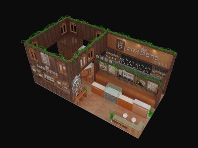 72平米展臺設計制作：四面開口/歐式/木質(zhì)結(jié)構(gòu)/咖啡色，為糖酒展展商而作（免費使用）