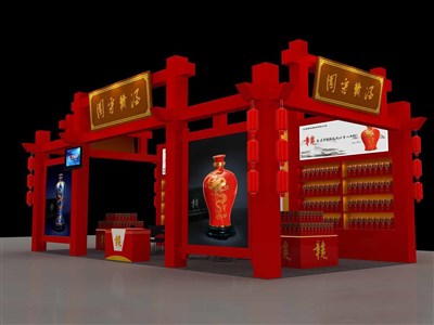 72平米展臺設(shè)計制作：三面開口/中式/木質(zhì)結(jié)構(gòu)/紅色，為糖酒展展商而作（免費使用）