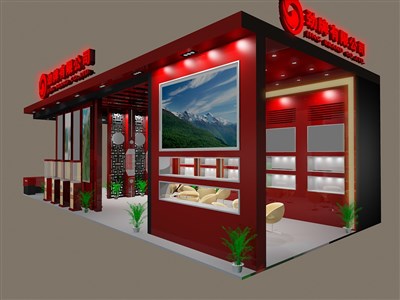 112平米展臺設(shè)計制作：三面開口/現(xiàn)代/型材結(jié)構(gòu)/紅色，為糖酒展展商而作（免費使用）
