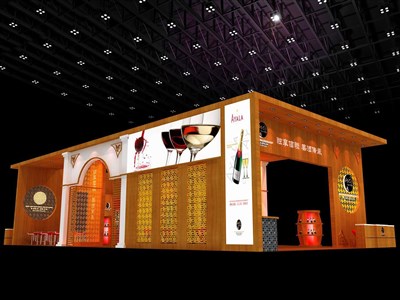 200平米展臺設(shè)計制作：四面開口/中式/木質(zhì)結(jié)構(gòu)/黃色，為糖酒展展商而作（免費使用）
