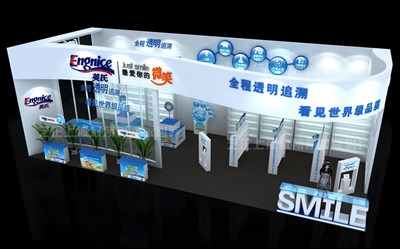60平米展臺設(shè)計(jì)制作：二面開口/現(xiàn)代/木質(zhì)結(jié)構(gòu)/白色，為嬰幼展展商而作（免費(fèi)使用）