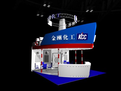 36平米展臺設(shè)計制作：三面開口/現(xiàn)代/木質(zhì)結(jié)構(gòu)/藍色，為化工展展商而作（免費使用）