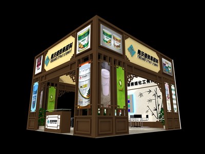 42平米展臺(tái)設(shè)計(jì)制作：四面開口/中式/木質(zhì)結(jié)構(gòu)/咖啡色，為化工展展商而作（免費(fèi)使用）
