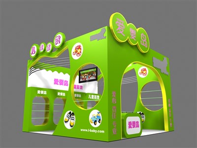 36平米展臺設計制作：三面開口/現(xiàn)代/木質(zhì)結(jié)構(gòu)/綠色，為嬰幼展展商而作（免費使用）