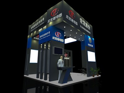 36平米展臺設(shè)計(jì)制作：三面開口/前衛(wèi)/木質(zhì)結(jié)構(gòu)/黑色，為電子展展商而作（免費(fèi)使用）