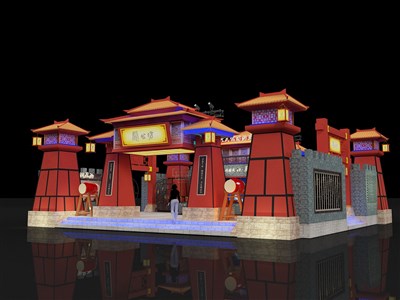 187.5平米展臺設(shè)計制作：三面開口/中式/木質(zhì)結(jié)構(gòu)/紅色，為糖酒展展商而作（免費使用）