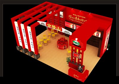 96平米展臺設(shè)計制作：三面開口/中式/木質(zhì)結(jié)構(gòu)/紅色，為糖酒展展商而作（免費使用）