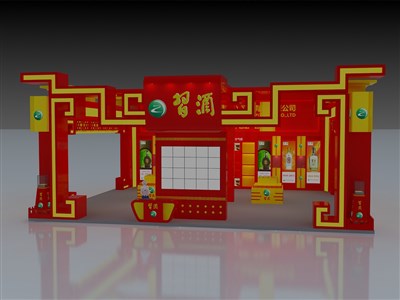 168平米展臺(tái)設(shè)計(jì)制作：三面開口/中式/木質(zhì)結(jié)構(gòu)/紅色，為糖酒展展商而作（免費(fèi)使用）