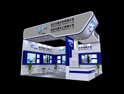 42平米展臺設計制作：二面開口/現代/木質結構/藍色，為化工展展商而作（免費使用）