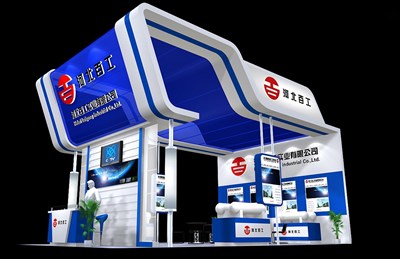54平米展臺設(shè)計制作：二面開口/現(xiàn)代/木質(zhì)結(jié)構(gòu)/藍(lán)色，為綜合展展商而作（免費使用）