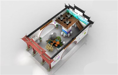 91平米展臺設計制作：三面開口/中式/雙層結構/彩色，為綜合展展商而作（免費使用）