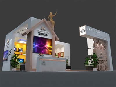48平米展臺設(shè)計制作：三面開口/現(xiàn)代/木質(zhì)結(jié)構(gòu)/白色，為房產(chǎn)展展商而作（免費(fèi)使用）