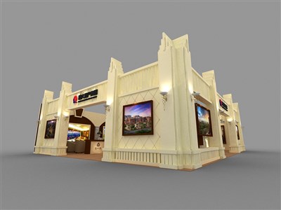 168平米展臺(tái)設(shè)計(jì)制作：二面開口/歐式/木質(zhì)結(jié)構(gòu)/米色，為房產(chǎn)展展商而作（免費(fèi)使用）