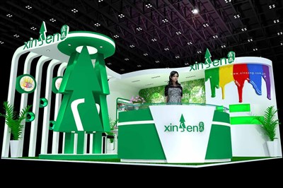 36平米展臺設(shè)計制作：二面開口/現(xiàn)代/木質(zhì)結(jié)構(gòu)/彩色，為化工展展商而作（免費(fèi)使用）