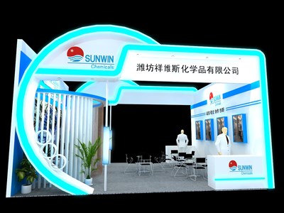 42平米展臺(tái)設(shè)計(jì)制作：二面開口/現(xiàn)代/木質(zhì)結(jié)構(gòu)/白色，為化工展展商而作（免費(fèi)使用）