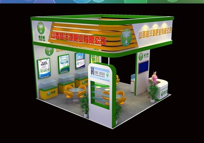 36平米展臺設(shè)計制作：三面開口/現(xiàn)代/木質(zhì)結(jié)構(gòu)/彩色，為化工展展商而作（免費(fèi)使用）