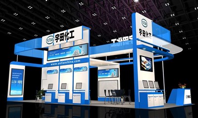 72平米展臺設計制作：四面開口/現代/木質結構/藍色，為化工展展商而作（免費使用）