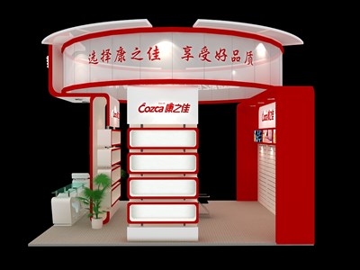 36平米展臺設計制作：三面開口/現(xiàn)代/木質結構/紅色，為綜合展展商而作（免費使用）