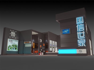 120平米展臺(tái)設(shè)計(jì)制作：二面開口/現(xiàn)代/木質(zhì)結(jié)構(gòu)/黑色，為房產(chǎn)展展商而作（免費(fèi)使用）
