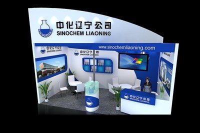 18平米展臺設計制作：一面開口/現代/木質結構/藍色，為化工展展商而作（免費使用）