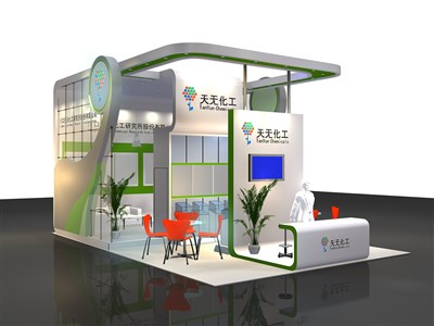 54平米展臺(tái)設(shè)計(jì)制作：三面開口/現(xiàn)代/木質(zhì)結(jié)構(gòu)/白色，為化工展展商而作（免費(fèi)使用）