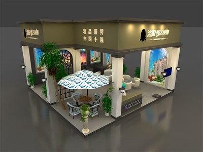 36平米展臺設(shè)計制作：三面開口/現(xiàn)代/木質(zhì)結(jié)構(gòu)/綠色，為房產(chǎn)展展商而作（免費使用）