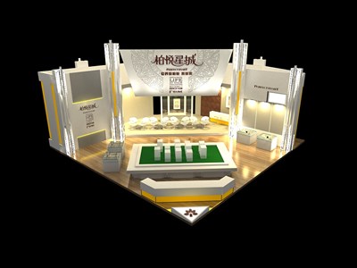 64平米展臺設(shè)計制作：二面開口/現(xiàn)代/木質(zhì)結(jié)構(gòu)/白色，為房產(chǎn)展展商而作（免費使用）