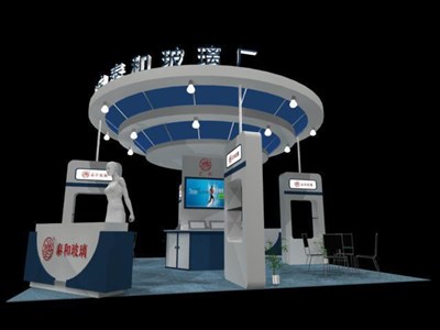 36平米展臺設(shè)計制作：四面開口/現(xiàn)代/木質(zhì)結(jié)構(gòu)/藍(lán)色，為綜合展展商而作（免費使用）